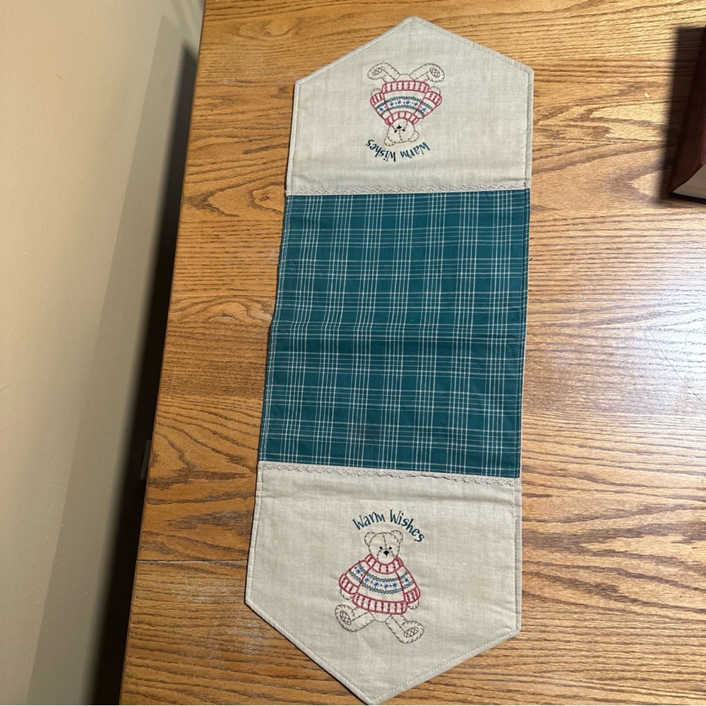 Plaid Table Runner with Bear Embroidery
